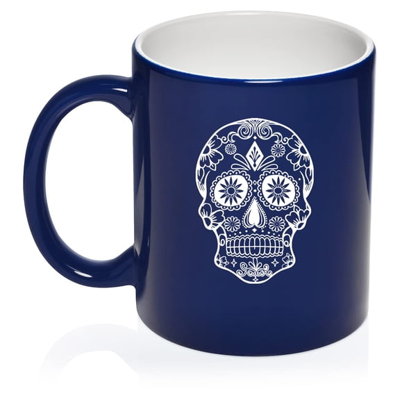 Sugar Candy Skull Ceramic Coffee Mug Tea Cup Gift for Her, Him, Brother, Sister, Wife, Husband, Friend, Family, Coworker, Boss, Birthday, Anniversary, Housewarming, Mom, Dad (11oz Blue)