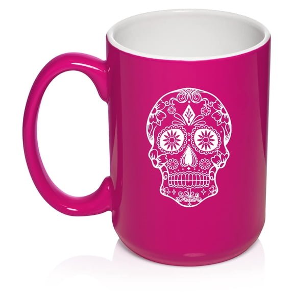 Sugar Candy Skull Ceramic Coffee Mug Tea Cup Gift for Her, Him, Brother, Sister, Wife, Husband, Friend, Family, Coworker, Boss, Birthday, Anniversary, Housewarming, Mom, Dad (15oz Hot Pink)