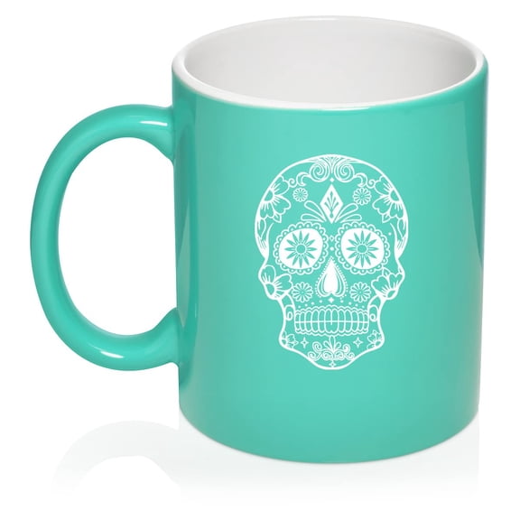 Sugar Candy Skull Ceramic Coffee Mug Tea Cup Gift for Her, Him, Brother, Sister, Wife, Husband, Friend, Family, Coworker, Boss, Birthday, Anniversary, Housewarming, Mom, Dad (11oz Teal)