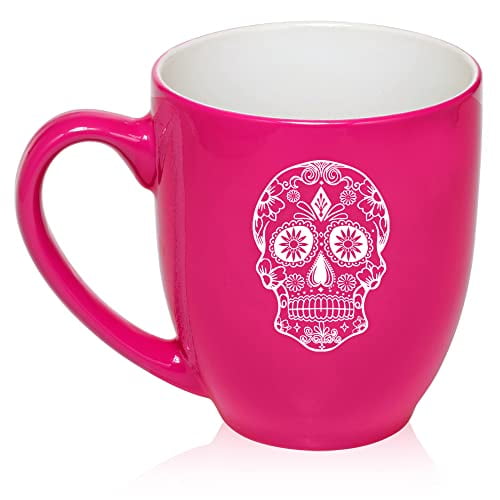 Sugar Candy Skull Ceramic Coffee Mug Tea Cup Gift for Her, Him, Brother, Sister, Wife, Husband, Friend, Family, Coworker, Boss, Birthday, Anniversary, Housewarming, Mom, Dad (16oz Hot Pink)