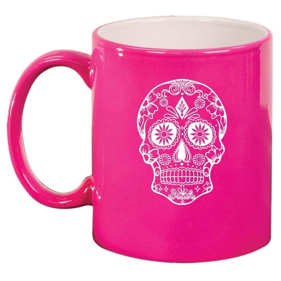 Sugar Candy Skull Ceramic Coffee Mug Tea Cup Gift for Her, Him, Brother, Sister, Wife, Husband, Friend, Family, Coworker, Boss, Birthday, Anniversary, Housewarming, Mom, Dad (11oz Hot Pink)
