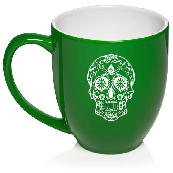 Sugar Candy Skull Ceramic Coffee Mug Tea Cup Gift for Her, Him, Brother, Sister, Wife, Husband, Friend, Family, Coworker, Boss, Birthday, Anniversary, Housewarming, Mom, Dad (16oz Green)