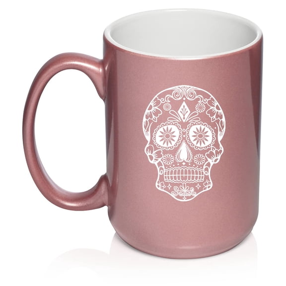Sugar Candy Skull Ceramic Coffee Mug Tea Cup Gift for Her, Him, Brother, Sister, Wife, Husband, Friend, Family, Coworker, Boss, Birthday, Anniversary, Housewarming, Mom, Dad (15oz Rose Gold)