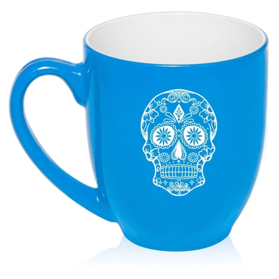 Sugar Candy Skull Ceramic Coffee Mug Tea Cup Gift for Her, Him, Brother, Sister, Wife, Husband, Friend, Family, Coworker, Boss, Birthday, Anniversary, Housewarming, Mom, Dad (16oz Light Blue)