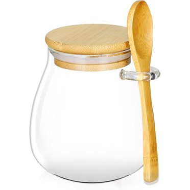 Glass Jar Sugar Container With Bamboo Spoons Lids 16 Oz