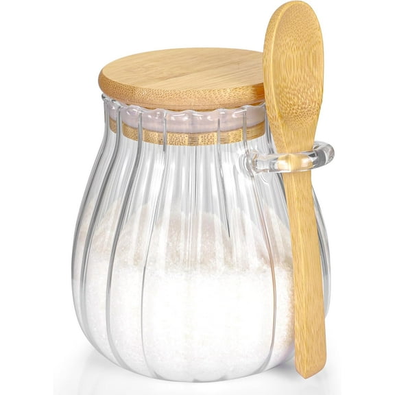 Sugar Container with Bamboo Lid and Spoon,12 oz Sugar Bowl Glass Jar for Coffee Bar Accessories Coffee Canister Kitchen Decor