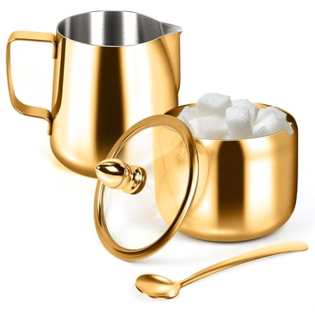 PANGTON VILLA Stainless Steel Sugar Bowl with Lid & Spoon, Milk Frothing Pitcher for Coffee Bar (Gold)
