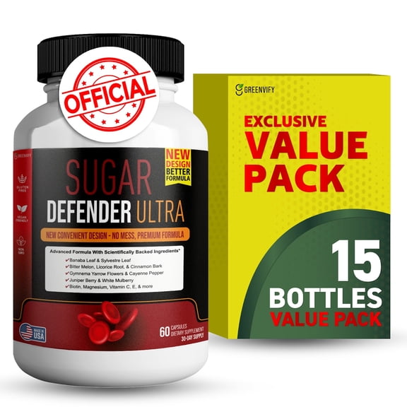 GreenVify Sugar Defender Ultra Blood Sugar Support Supplement with Banaba, Cinnamon, Bitter Melon & Chromium, 15 Bottles x 60 Capsules (900 Count)