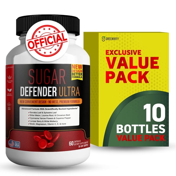 GreenVify Sugar Defender Ultra Blood Sugar Support Supplement with Banaba, Cinnamon, Bitter Melon & Chromium, 10 Bottles x 60 Capsules (600 Count)