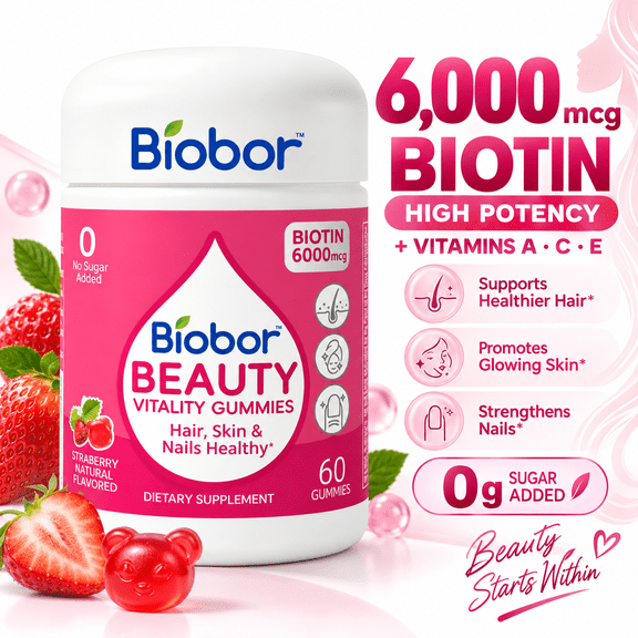 Biobor Sugar Free Beauty Gummies for Hair, Skin and Nails with Vitamins A C E and Biotin, Strawberry Flavor, 60 Count, 6.35 oz