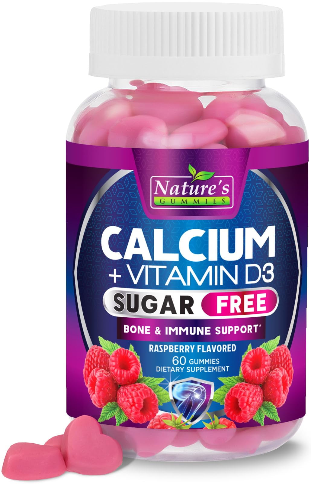 Sugar Free Calcium Gummy Bites Plus 400 IU Vitamin D3, Bone Health & Immune Support, Supports Bone Strength - Chewable Calcium Nutrition Supplement, Non-GMO, Berry Flavor Chews - 60 Gummies