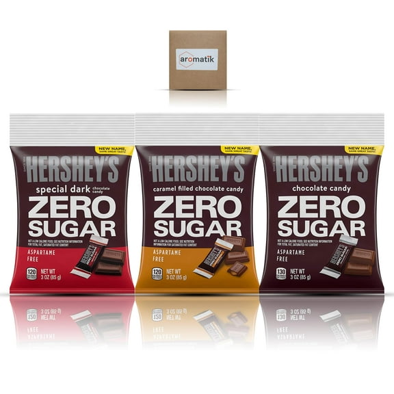 Sugar Free Candy Hersheys Sugar Free Chocolate Variety Pack - Hershey Special Dark, Hershey Milk Chocolate, and Hershey Caramel | Zero Sugar | 3 Ounce Bags (3 Pack) - Ships in an Aromatik box