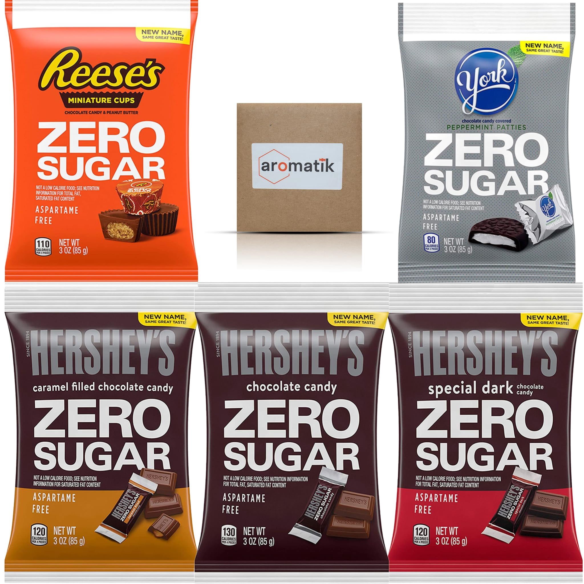 Sugar Free Candy Sugar Free Chocolate 5 Variety Pack - Reese’s Cups, York Mint Patties, Special Dark, Milk Chocolate, and Caramel | Zero Sugar | 3 Ounce Bags (5 Pack) - Ships in an Aromatik™ box
