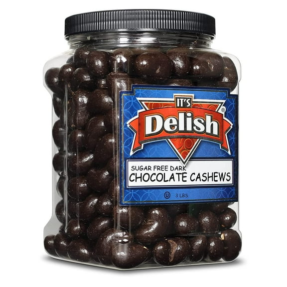 Sugar Free Dark Chocolate Covered Cashews by Its Delish, 3 LBS Jumbo Reusable Container Jar Gourmet Dark Chocolate Cashews, Healthy Snacks Chocolate Nuts, USA Made, Vegan, Kosher