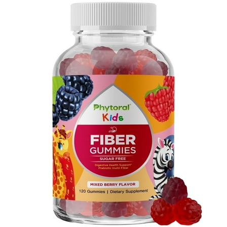Phytoral Prebiotic Fiber Gummies for Kids, Sugar Free Digestive Health Supplement, 120 Count