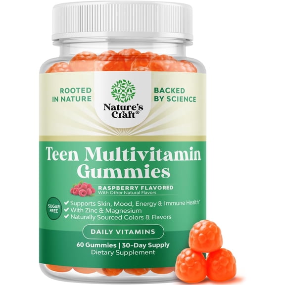 Natures Craft Multivitamin Gummies, Immune Support Supplement for Teens, Raspberry, 60 Count