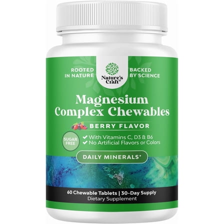 Natures Craft 200mg Magnesium Glycinate Complex Chewables with Vitamin D, Berry Flavor, 60 Ct