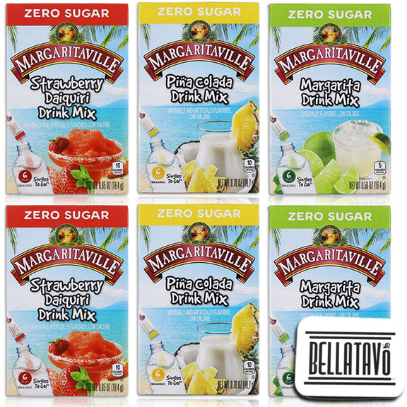 Sugar Free Margarita Mix Bundle. Includes 6 Boxes of Margaritaville Drink Mix Packets Singles To Go and a BELLATAVO Fridge Magnet. Two of Each: Pina Colada, Strawberry Daiquiri and Margarita Mix