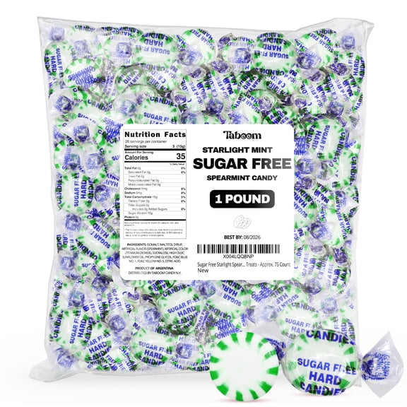 Sugar Free Starlight Spearmint Hard Candy 1 Pound - Approx. 75 Individually Wrapped Starlight Mint Discs Hard Candy For Snacks & Treats - Taboom Candy
