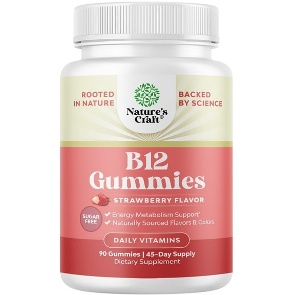 Natures Craft Vitamin B12 Gummies for Energy and Immune Support, Sugar-Free, Vegan, 1000 mcg, 90 Ct