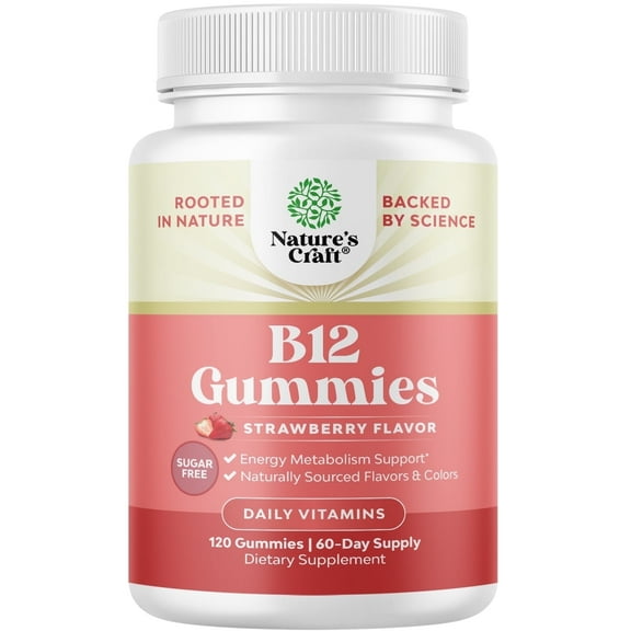 Natures Craft Vitamin B12 Gummies for Energy and Immune Support, Sugar-Free, Vegan, 1000 mcg, 60 Ct