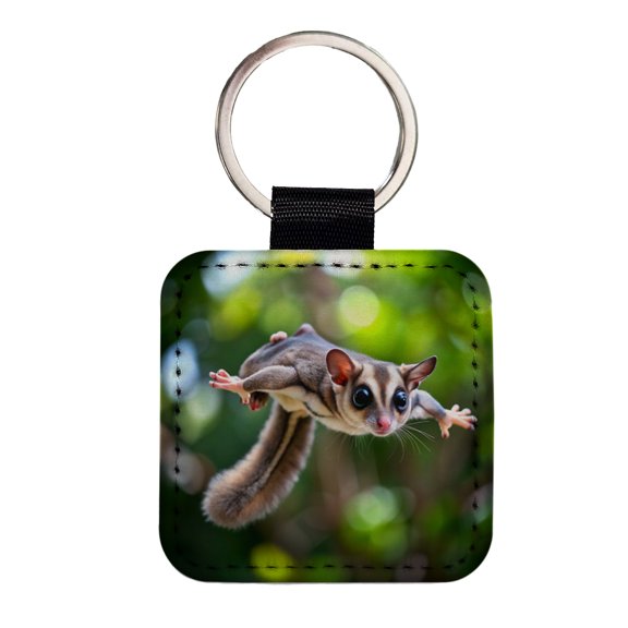 Sugar Glider Flying Gliding Faux Leather Square Keychain