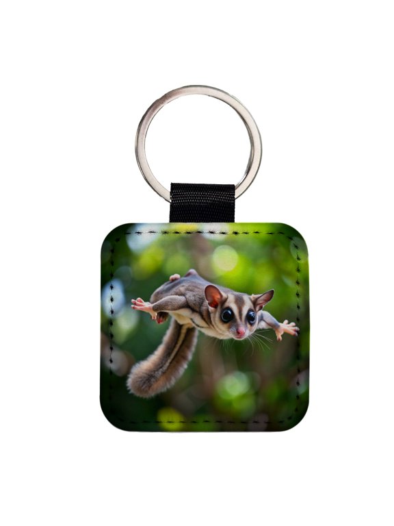 Sugar Glider Flying Gliding Faux Leather Square Keychain