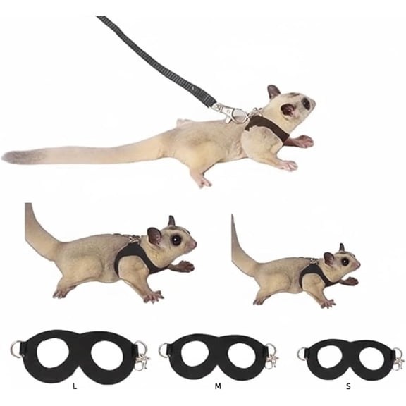 Sugar Glider Harness & Leash Set - Escape-Proof 3-Piece Adjustable Vest for Squirrels Rats Mice Mouse & Small Animals - Hamster Gerbil Walking Gear, Pet Toy Accessories, Black