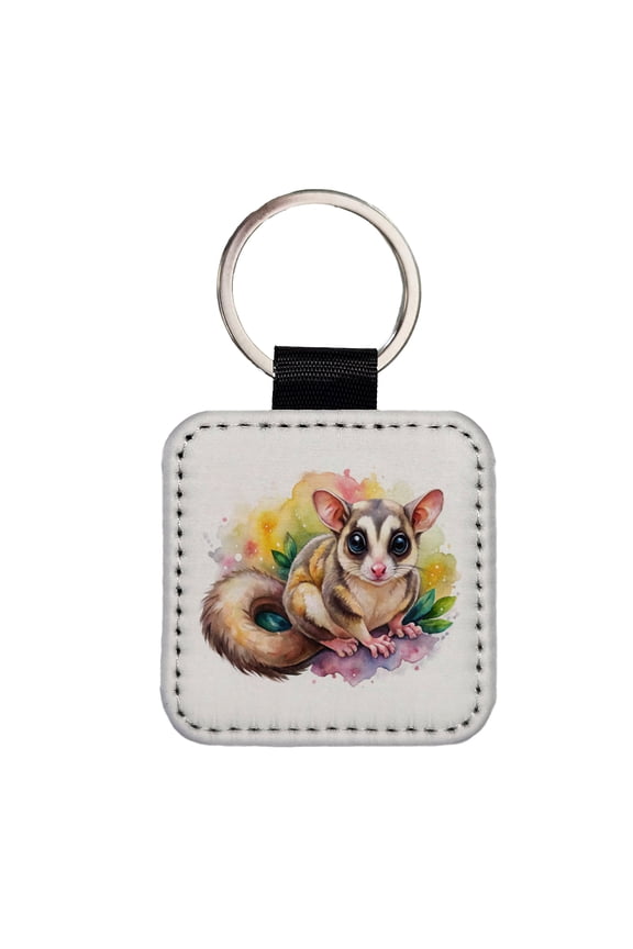 Sugar Glider Watercolor Faux Leather Square Keychain