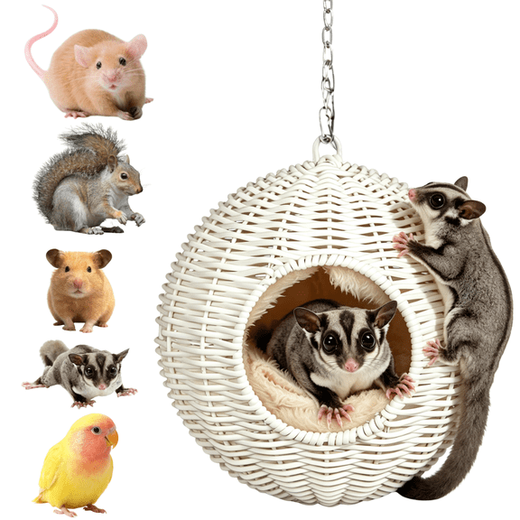 Sugar Glider Woven Spherical Nest with Warm Liner for All Seasons Small Animal Bed Nest Hanging Hammock Bed Comfortable Fit Squirrel Sugar Glider Gerbil Rat Hamster Bird Parrot