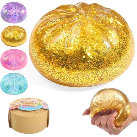 Sugar Glitter Dumpling Squishy,Viral Bao Bun Squishy Dumling Mystery Box,Stress Relief Fidget Squeeze Toys for Holiday & Birthday Gifts (Golden)