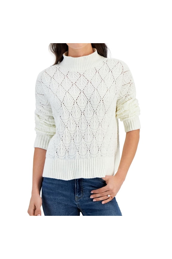 Womens Chenille Pointelle Pullover Sweater, White, Juniors, Large
