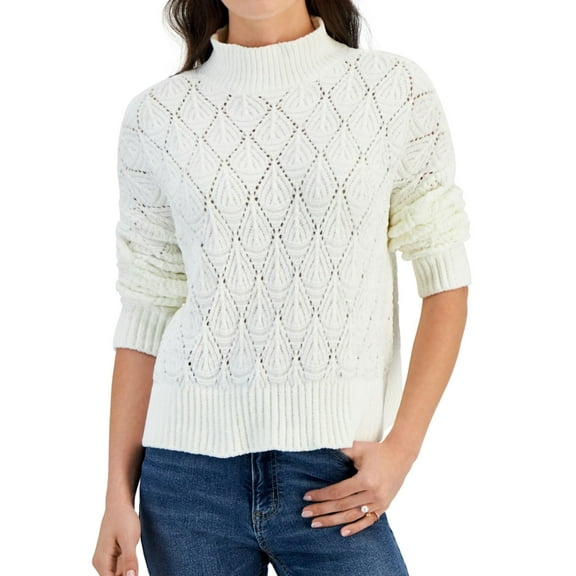 Sugar Moon Womens Chenille Pointelle Pullover Sweater, White, Juniors, Large