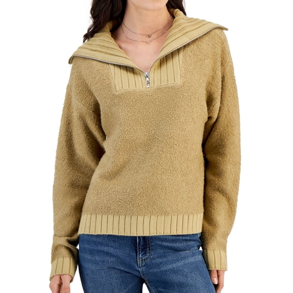 Sugar Moon Womens Quarter Zip Boucle Knit Sweater, Beige, Juniors, Medium