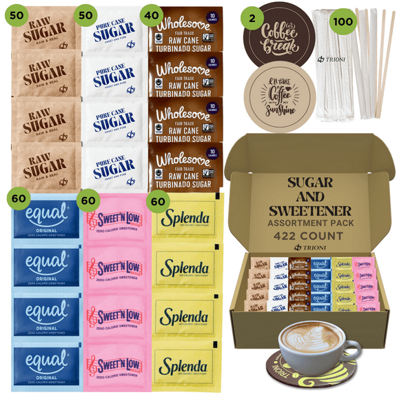 Sugar Packets and Sweetener Packets Variety Pack - 422ct - Splenda, Equal, Sweet n Low, Trioni Raw, Cane, and Wholesome Trubinado