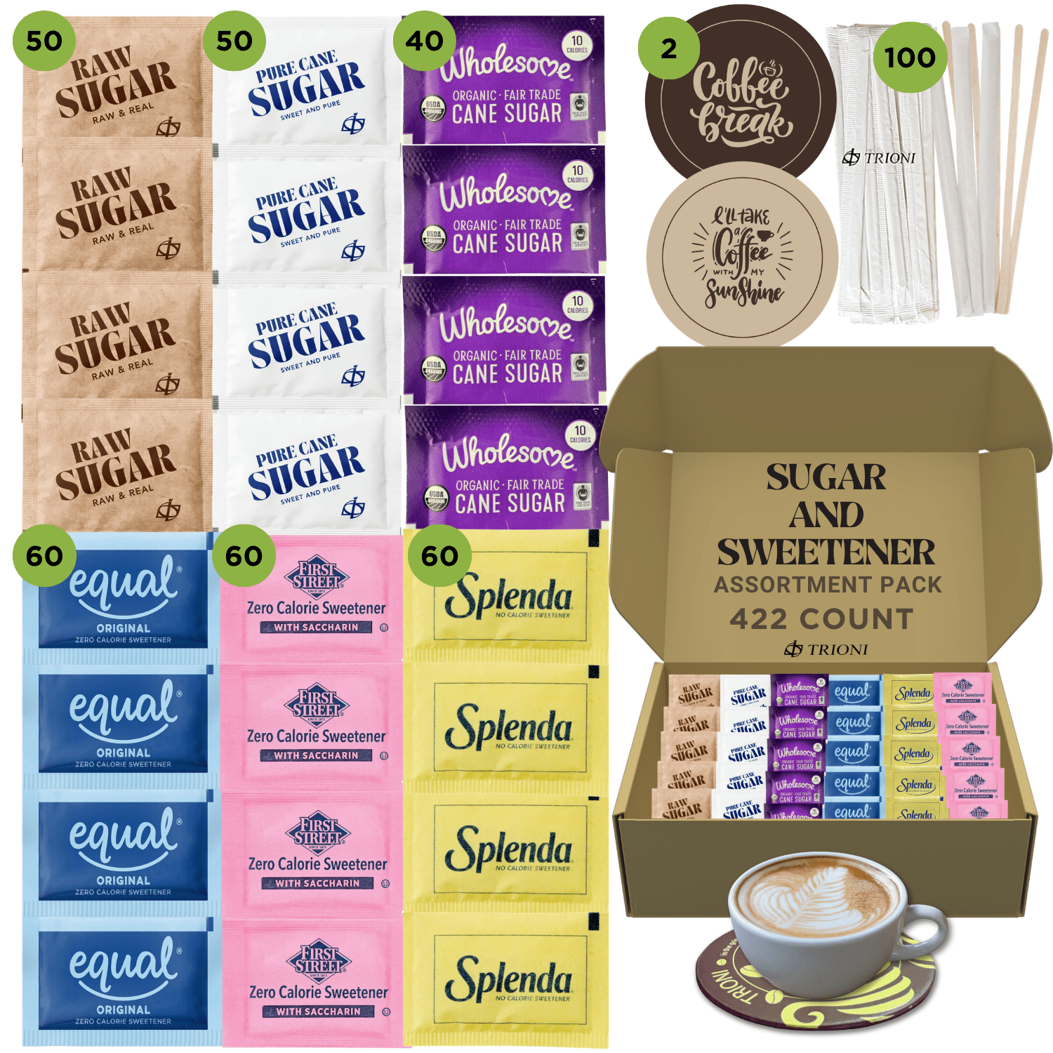 Sugar Packets and Sweetener Packets Variety Pack - 422ct - Splenda, Equal, Sweet n Low, Trioni Raw, Cane, and Wholesome Organic Sugar