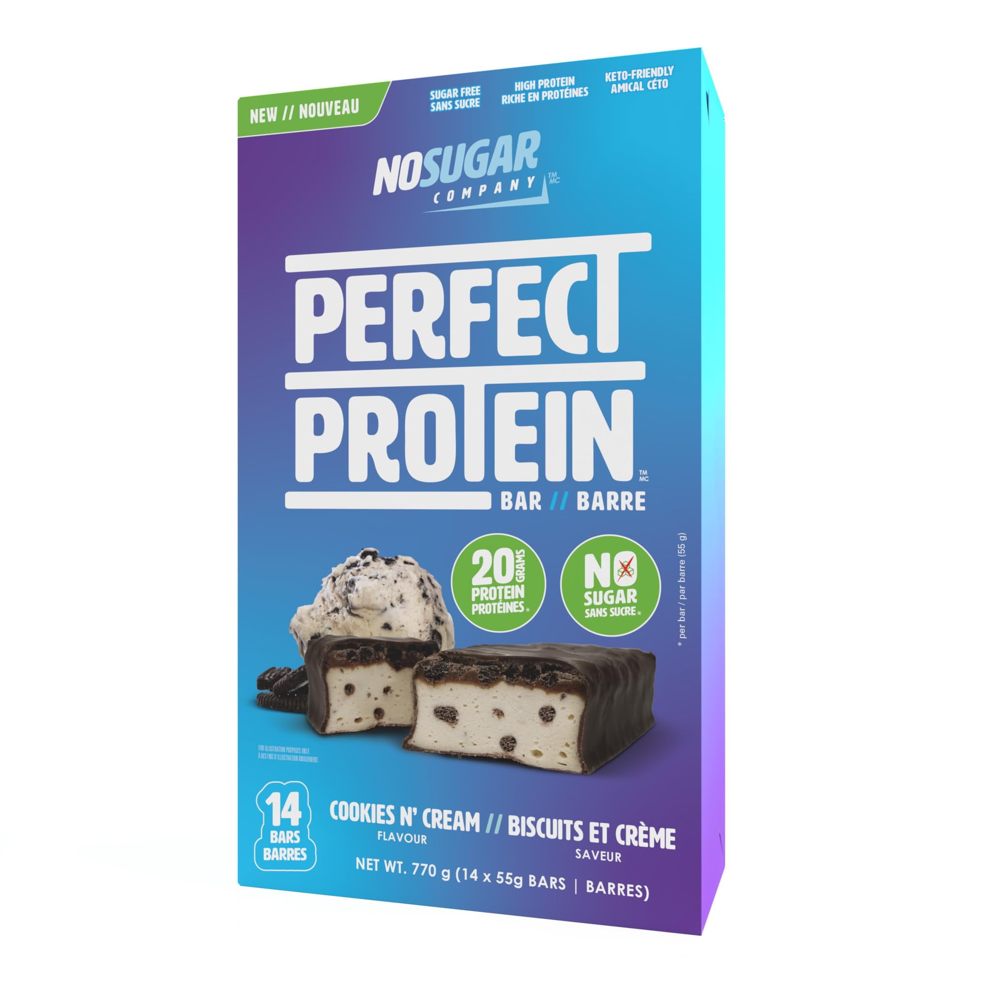No Sugar Perfect Protein IRF13 Bar - Cookies & Cream Flavor | 20g High Protein, Zero Sugar, Diabetic-Friendly, High Fiber, Keto-Friendly, Low Calorie, Nutrient Rich Healthy Snack | 14 Bars (55g)