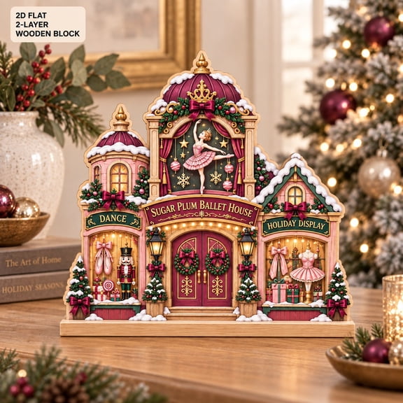 Sugar Plum Ballet House Wooden Block for Dancer Holiday Tabletop Decor