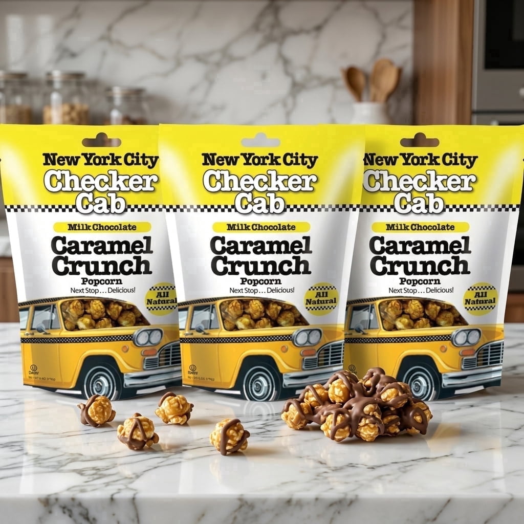 Sugar Plum Chocolates NYC Checker Cab Popcorn Gourmet Milk Chocolate Caramel Crunch 3 Bags 18 oz Total