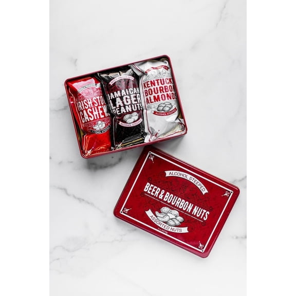 Sugar Plum Chocolates Beer Nuts and Bourbon Almonds - Red Gift Tin - 3 Bags Flavored Nuts - 16 oz Total
