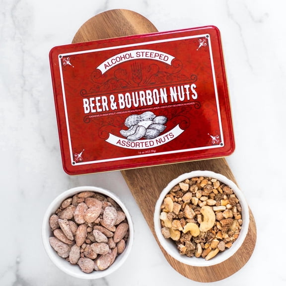 Sugar Plum Chocolates Beer Nuts and Bourbon Almonds - Red Gift Tin - 3 Bags Flavored Nuts  - 16 oz. Total