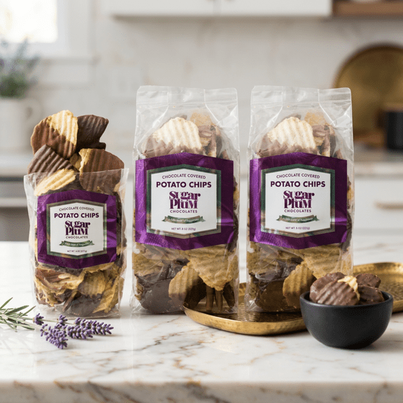 Sugar Plum Chocolates Covered Potato Chips, 3 pack, 8 oz bags, hand-dipped milk & dark chocolate, sweet & salty gourmet snack, premium Pennsylvania potatoes