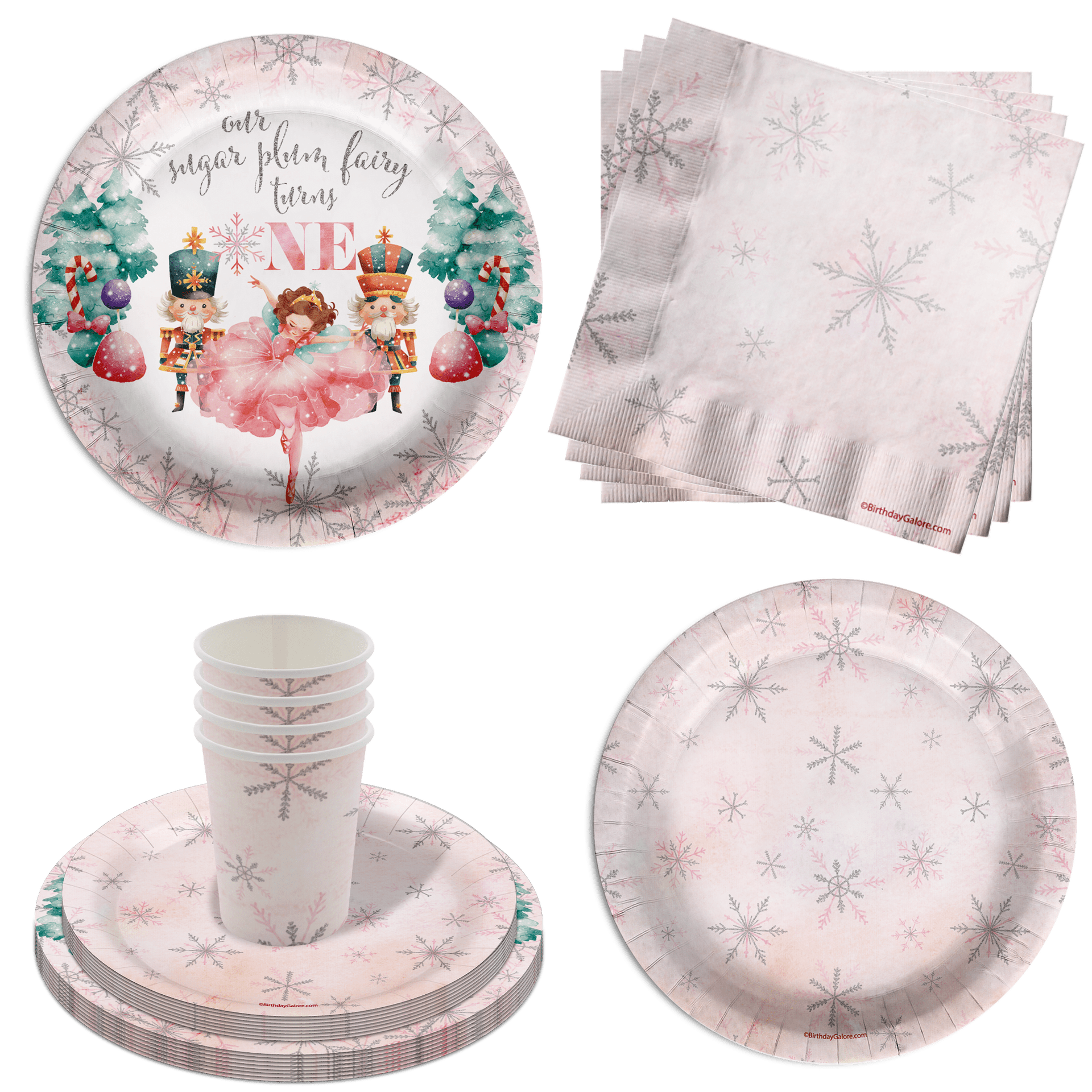 Sugar Plum Fairy Turns One 1st Birthday - Nutcracker First Birthday Party Supplies 64 Piece Tableware Set Includes Large 9" Paper Plates Dessert Plates, Cups and Napkins Kit for 16