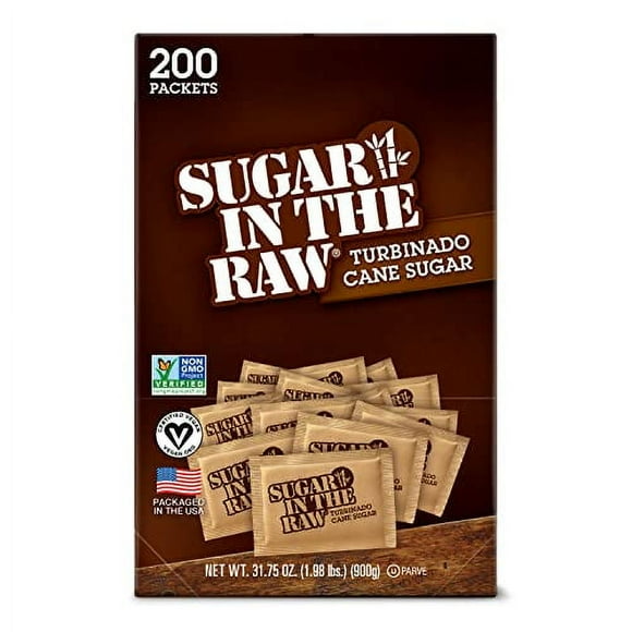 Sugar In The Raw Granulated Turbinado Cane Sugar On The Go Packet, Pure Natural Sweetener, Hot & Cold Drinks, Coffee, Cooking, Baking, Vegan, Gluten-Free, Non-GMO, 200 Count Packets (1-Pack)