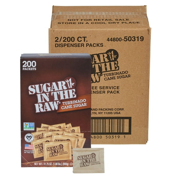 Sugar In The Raw Granulated Turbinado Cane Sugar On The Go Packets, No Erythritol, Pure Natural Sweetener, Hot & Cold Drinks, Coffee, Baking, Vegan, Gluten-Free, Non-GMO, 200 Count Packets (2-Pack)