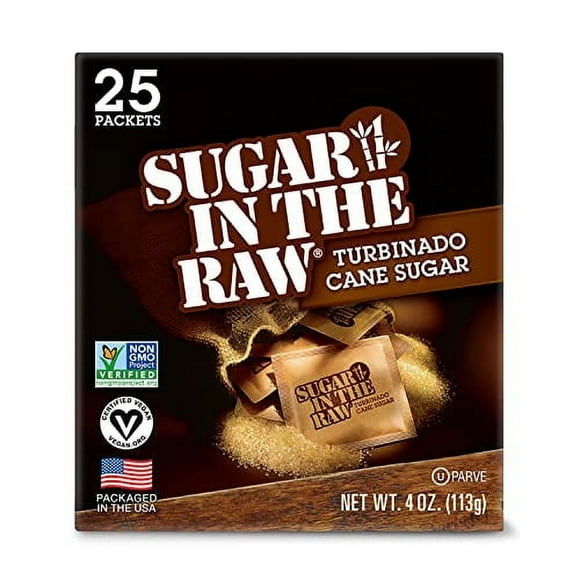 Sugar In The Raw Granulated Turbinado Cane Sugar On The Go Packets, Pure Natural Sweetener, Hot & Cold Drinks, Coffee, Cooking, Baking, Vegan, Gluten-Free, Non-GMO, 25 Count Packets (12-Pack)