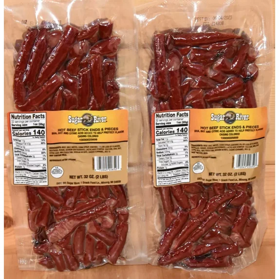 Hot Sugar River Beef Stick Ends & Pieces BULK 4 Pounds 2X 2 LBS (Hot Snack Sticks)