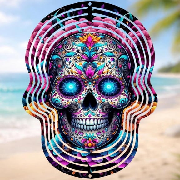 Sugar Skull 10 Inch Metal Wind Spinner, 3D Kinetic Outdoor Hanging Garden Decor for Yard Patio, Gift for Men