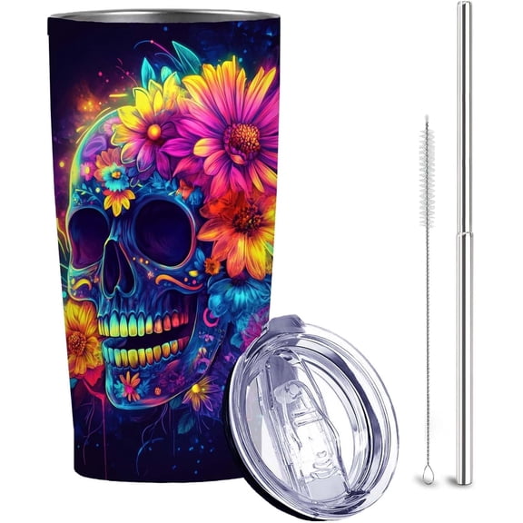 Sugar Skull 20oz Tumbler | Vacuum-Insulated Stainless Steel Travel Cup | Halloween Mug with Leak Proof Lid and Straw | Hot & Cold Coffee Cup | Day of the Dead Gifts for Men and Women
