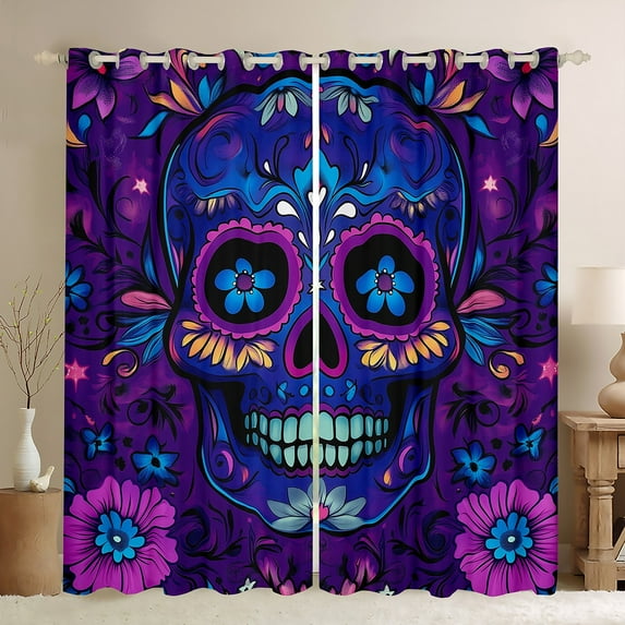 Sugar Skull 30%-50% Blackout Curtains (38Wx54L) 2 Panels,Halloween Gothic Curtains & Drapes,Bohemian Skeleton Bones Curtains Teens Bedroom Decor,Spooky Purple Flowers Window Curtains